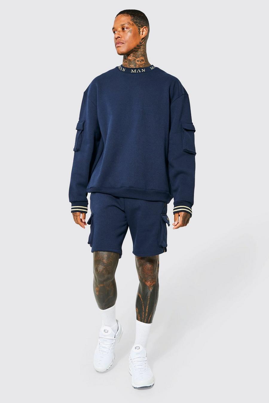 Navy Oversized Cargo Short Tracksuit With Piping image number 1