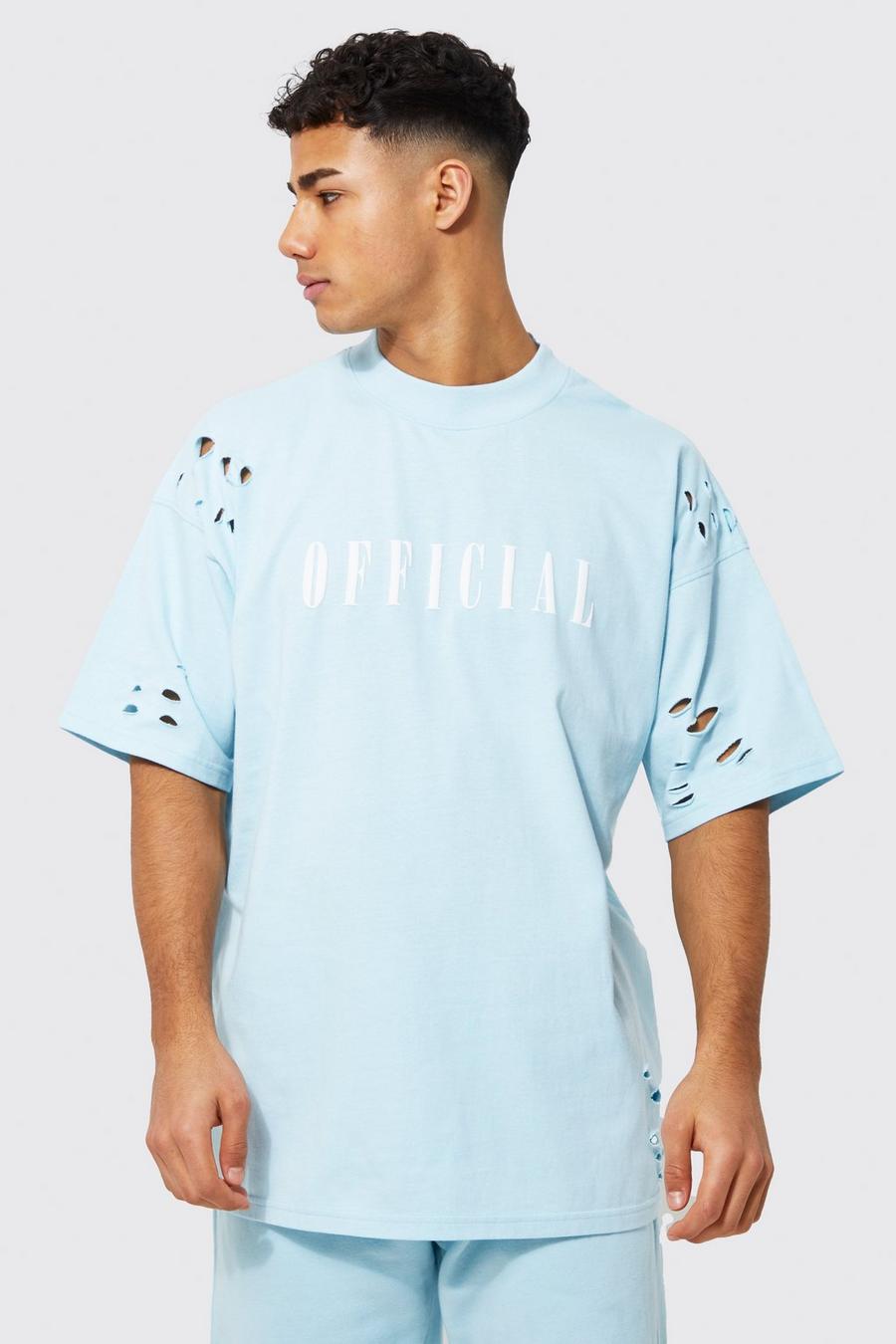Light blue Oversized Distressed Extended Neck T-shirt 