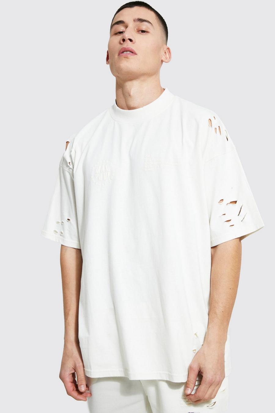 Ecru Oversized Distressed Extended Neck T-shirt image number 1