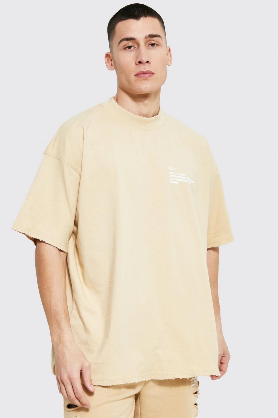 Sand beige Oversized Nibbled Extended Neck T-shirt  