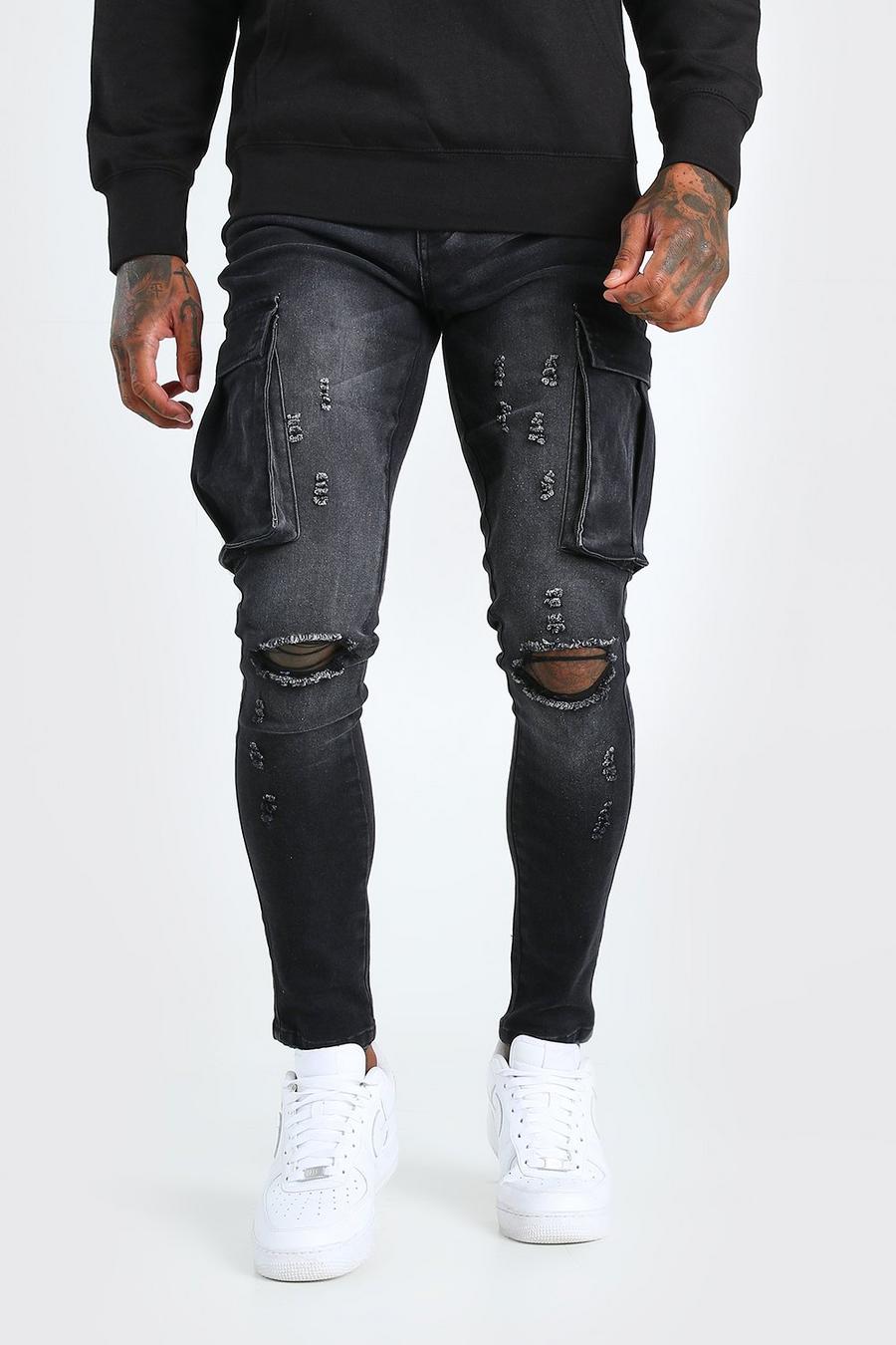 Washed black Super skinny jeans i cargostil med slitna knän image number 1