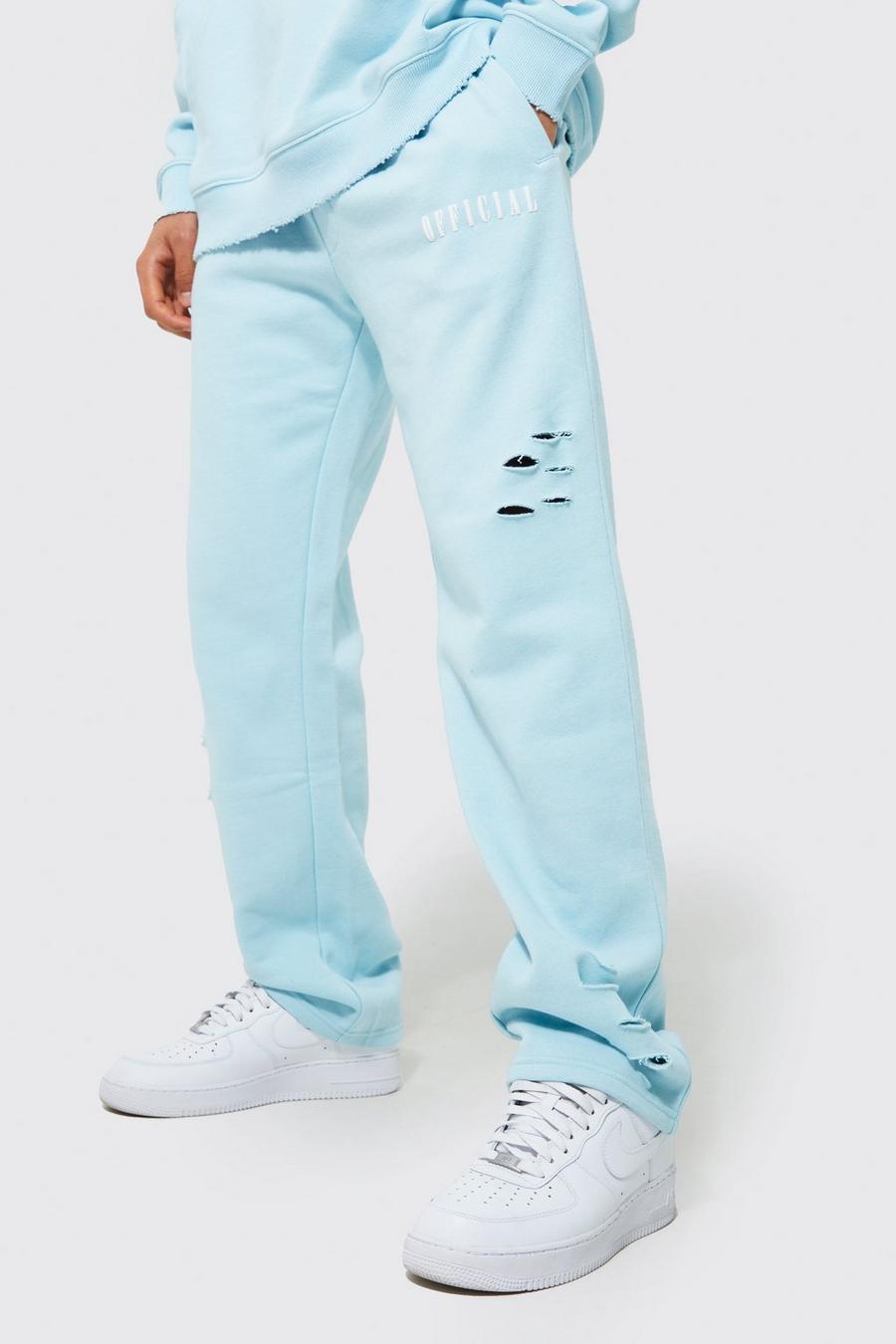 Light blue מכנסי ריצה אוברסייז בגזרה רחבה עם קרעים וכיתוב Official  image number 1