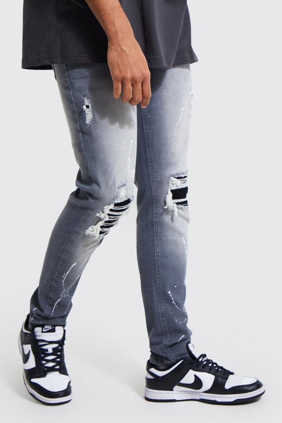 Skinny Stretch PU-Jeans mit Rissen, Light grey image number 1