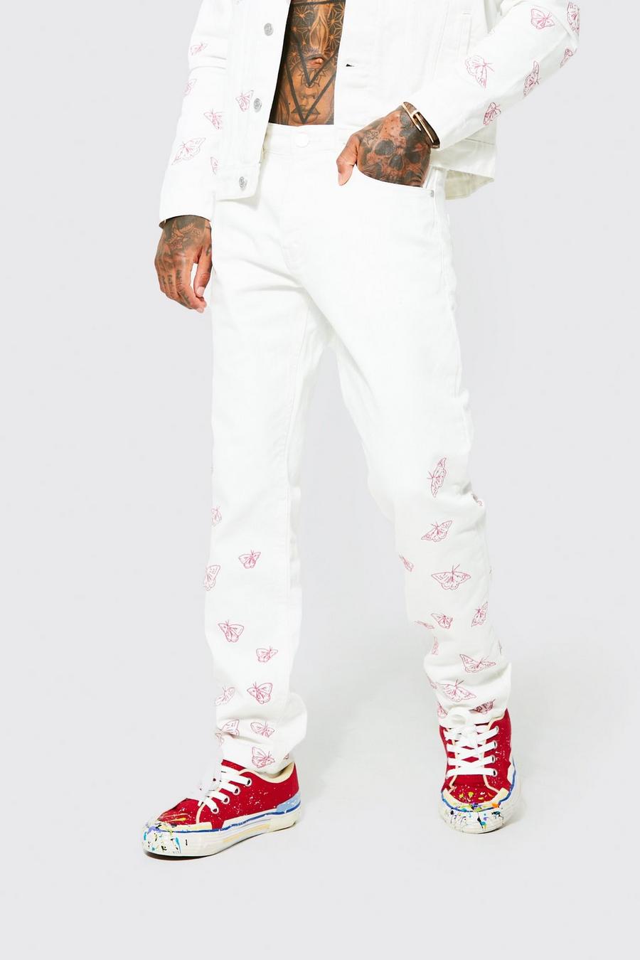 Ecru white Straight Leg Butterfly Embroidered Jeans image number 1