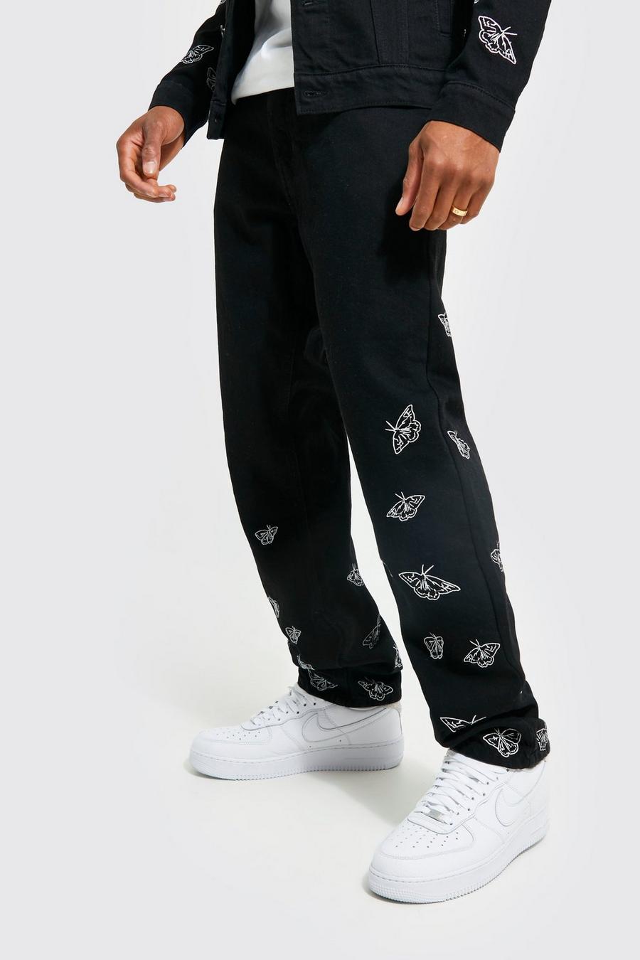 Black Straight Leg Butterfly Embroidered Jeans image number 1