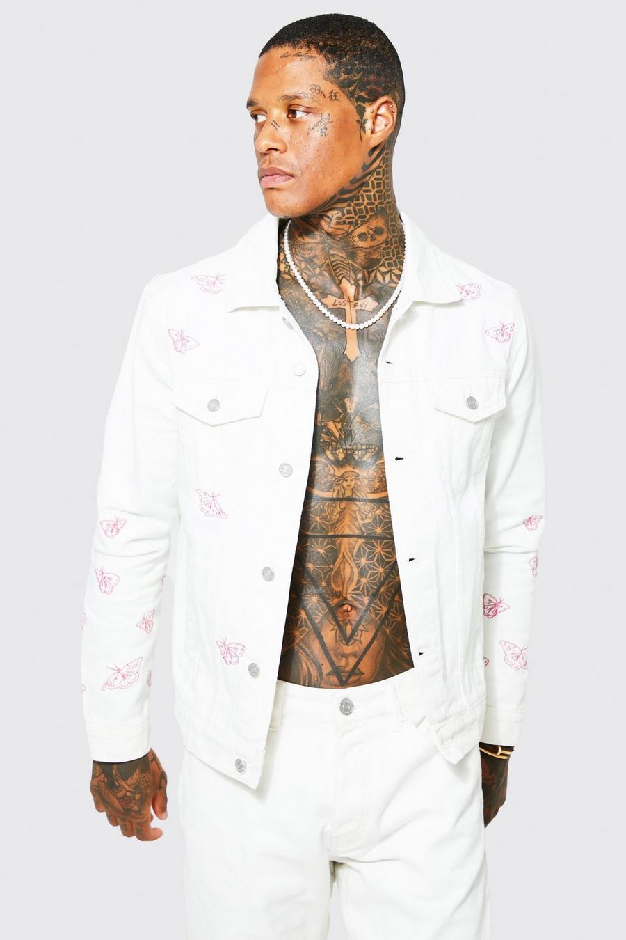 Ecru bianco Regular Fit Embroidered Denim Jacket