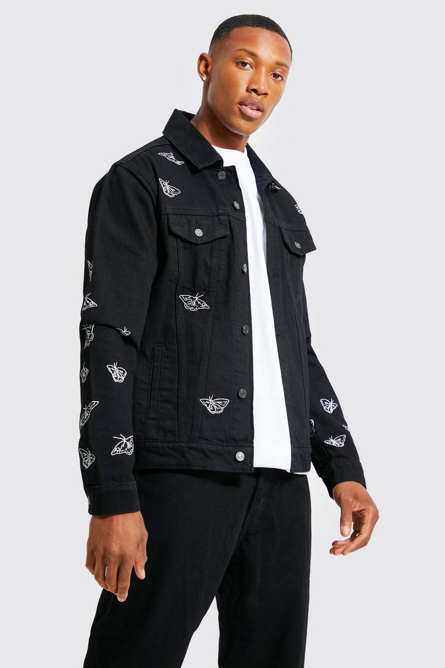 Black Regular Fit Embroidered Denim Jacket image number 1
