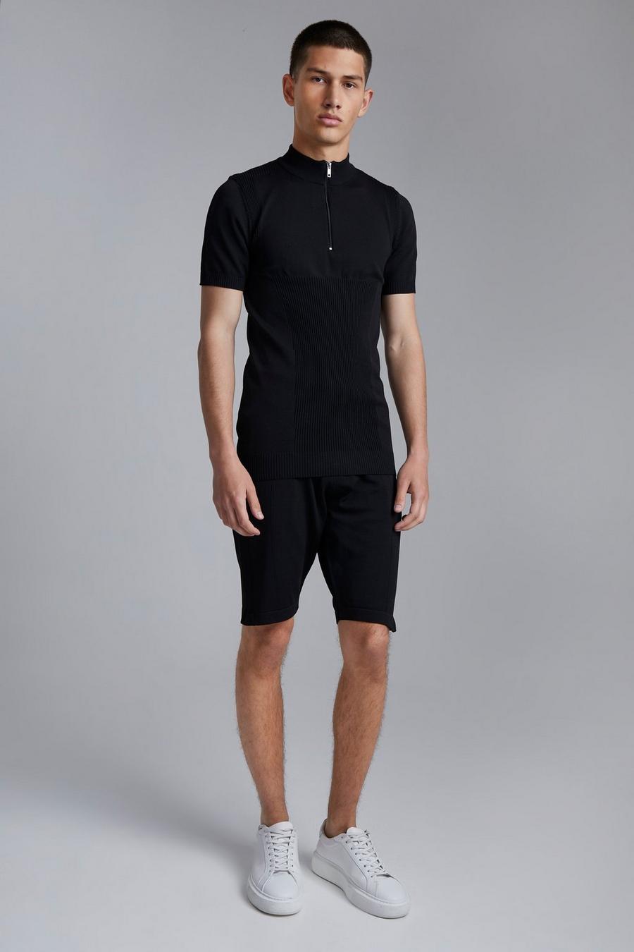 Black noir Extended Neck Half Zip Polo And Shorts