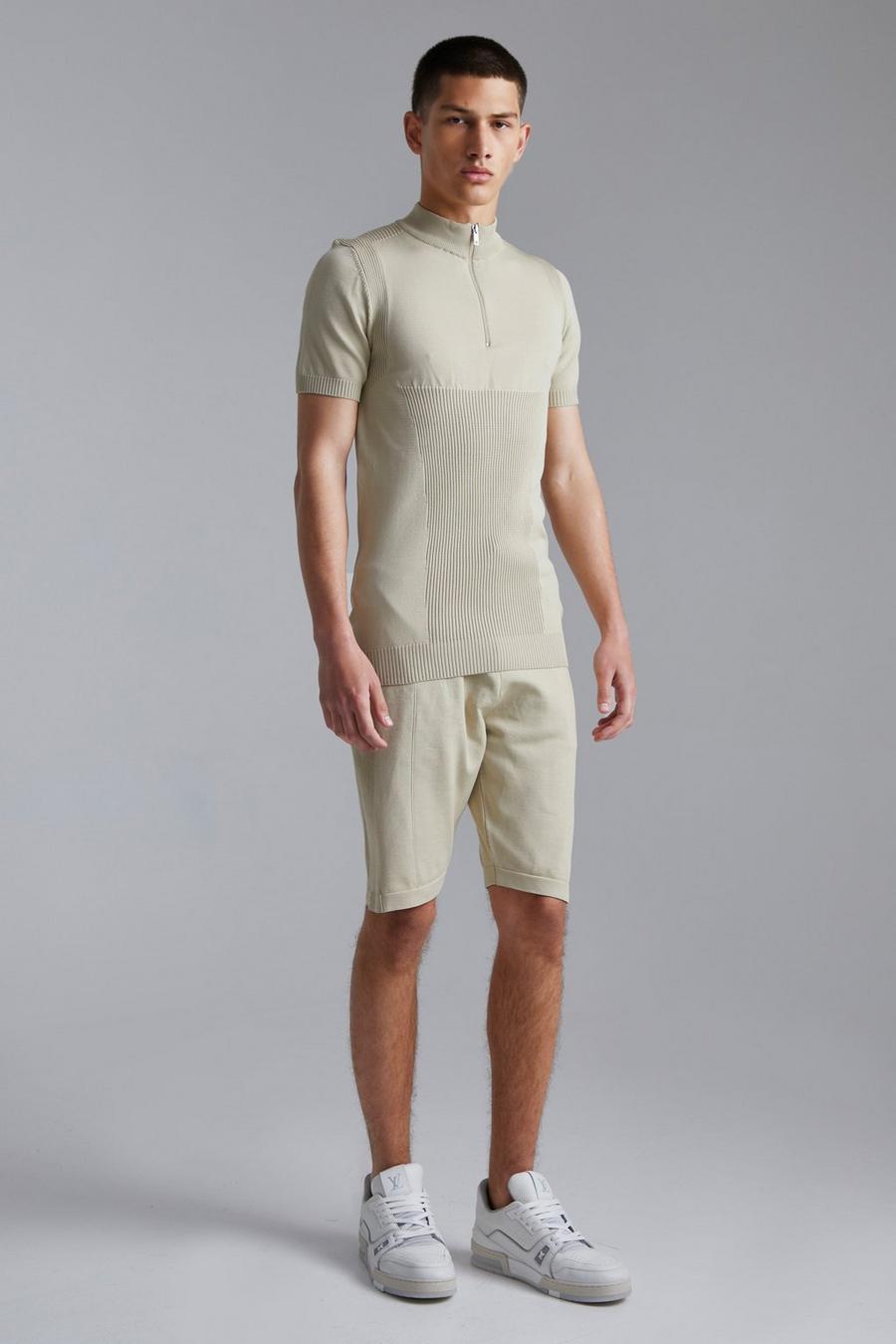 Stone Extended Neck Half Zip Polo And Shorts image number 1