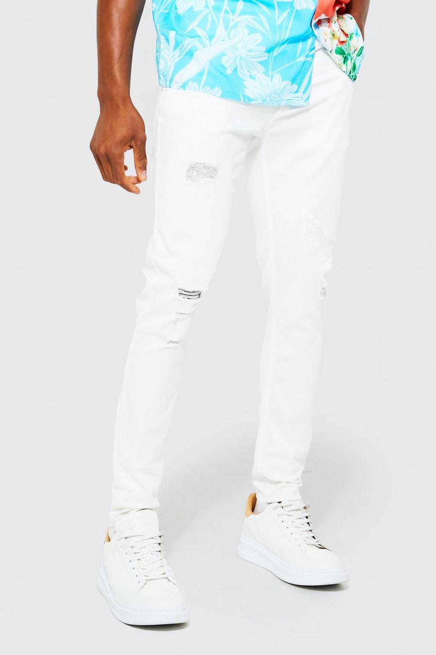White Skinny Stretch Stacked Leg Multi Ripped Jeans image number 1
