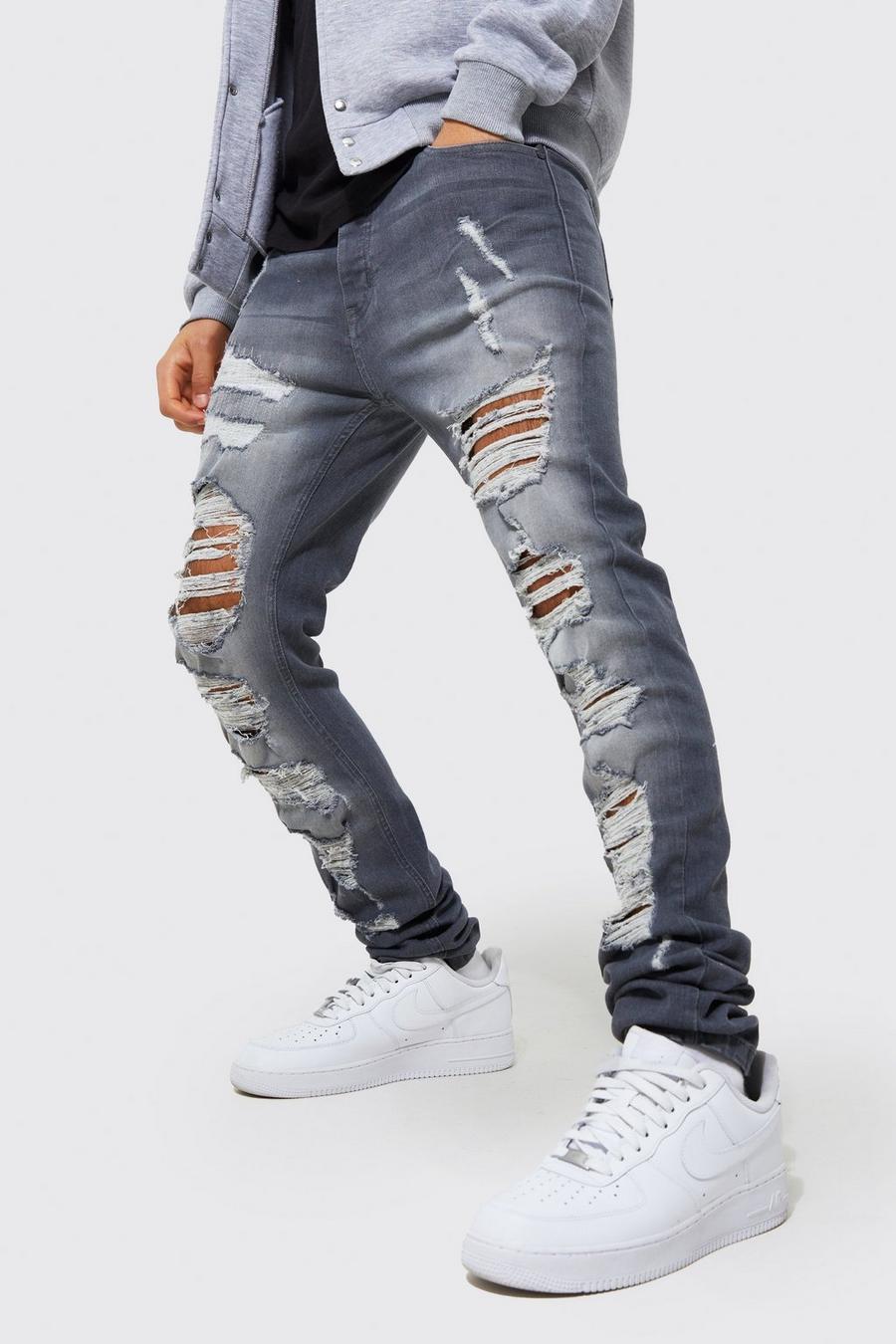 Mid grey Skinny Stretch Stacked Leg Multi Ripped Jeans image number 1