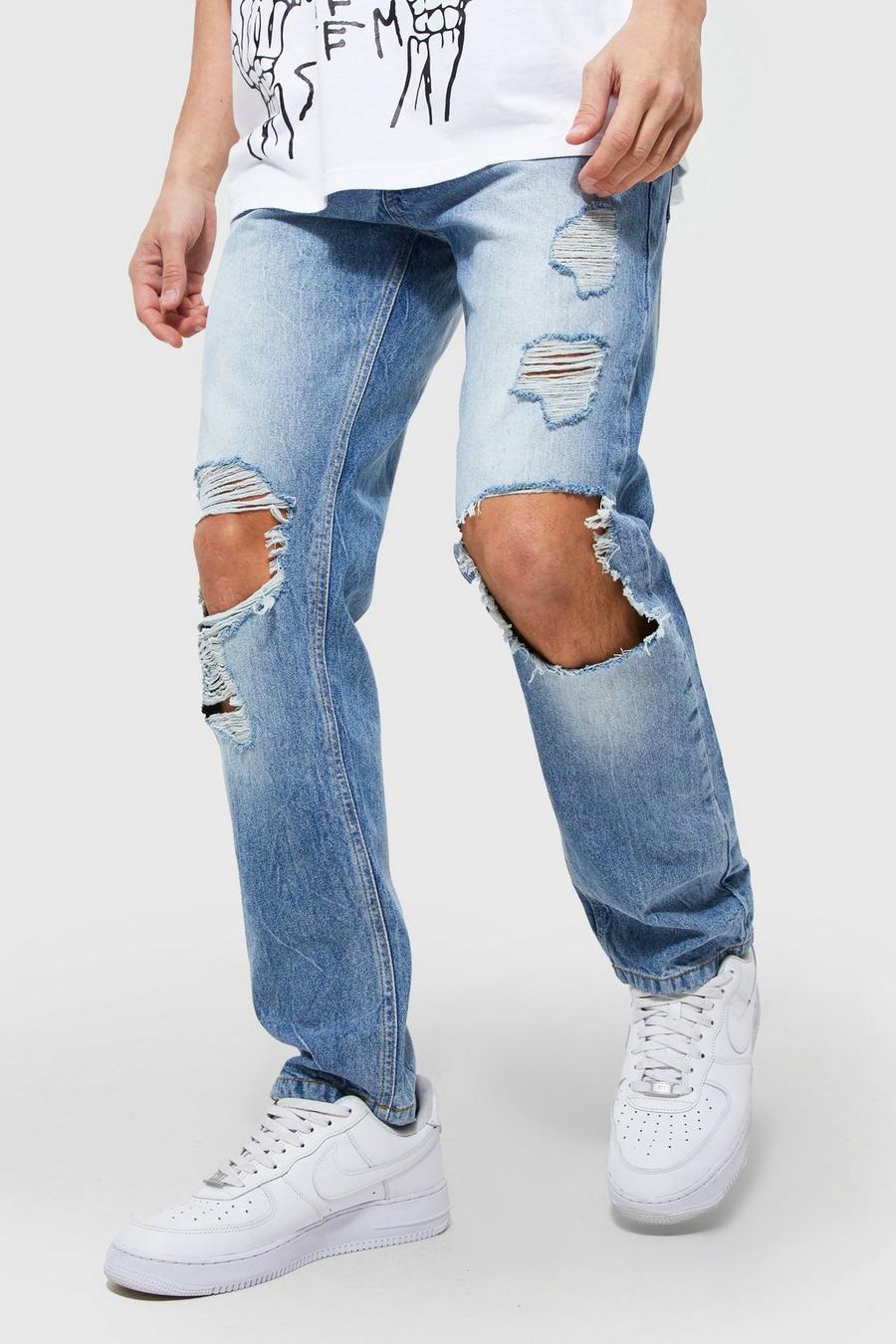 Jeans dritti slavati con strappi sul ginocchio, Light blue image number 1