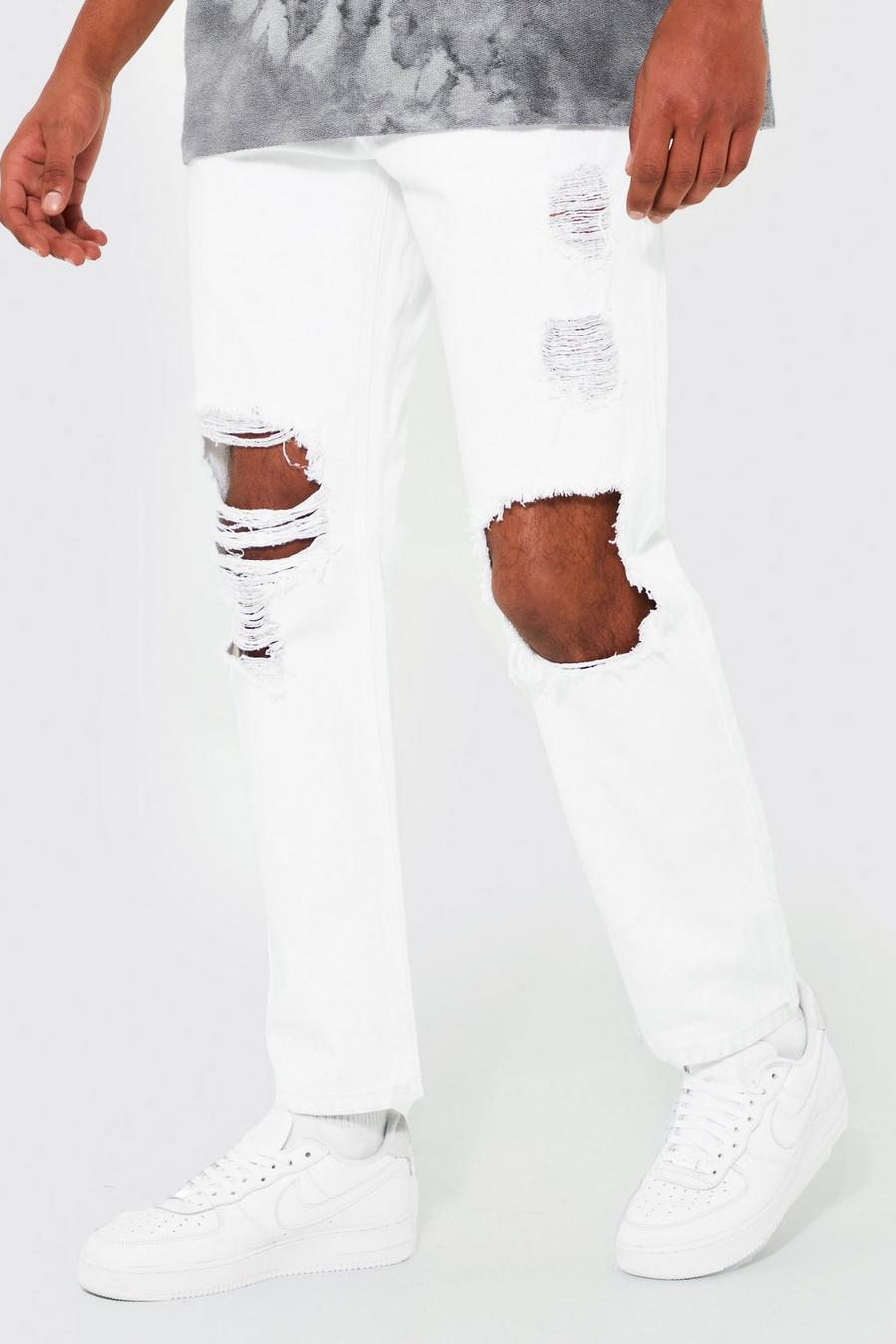 White vit Raka jeans med slitna knän