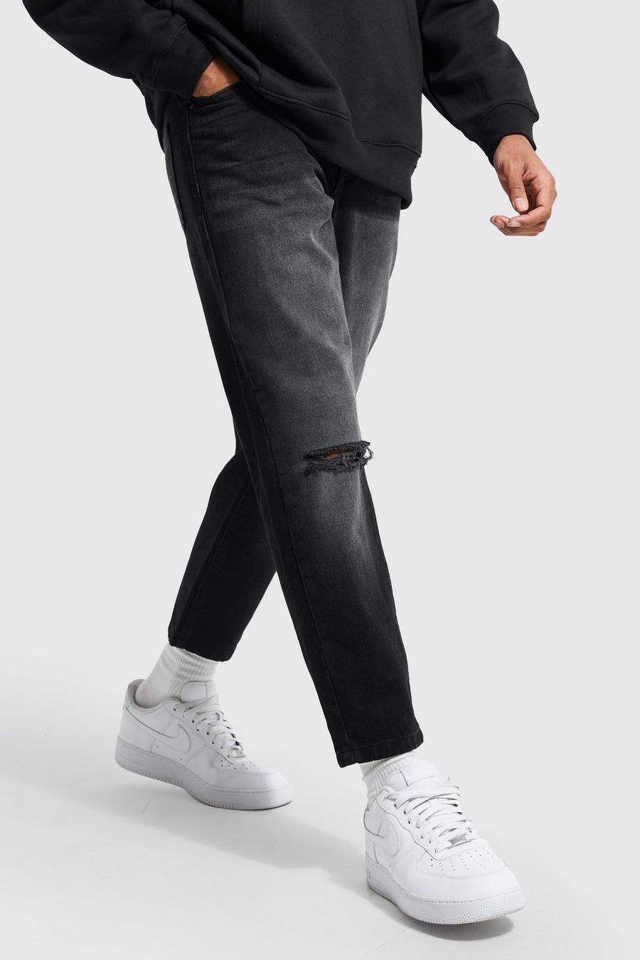 Washed black Jeans med slitna knän och ledig passform image number 1