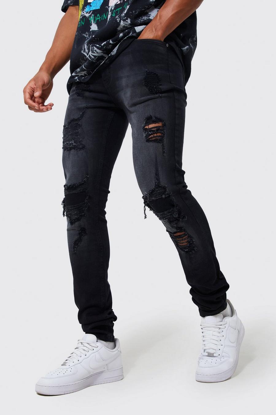 Washed black Stretch Rip & Repair Stacked Leg Skinny Jeans image number 1