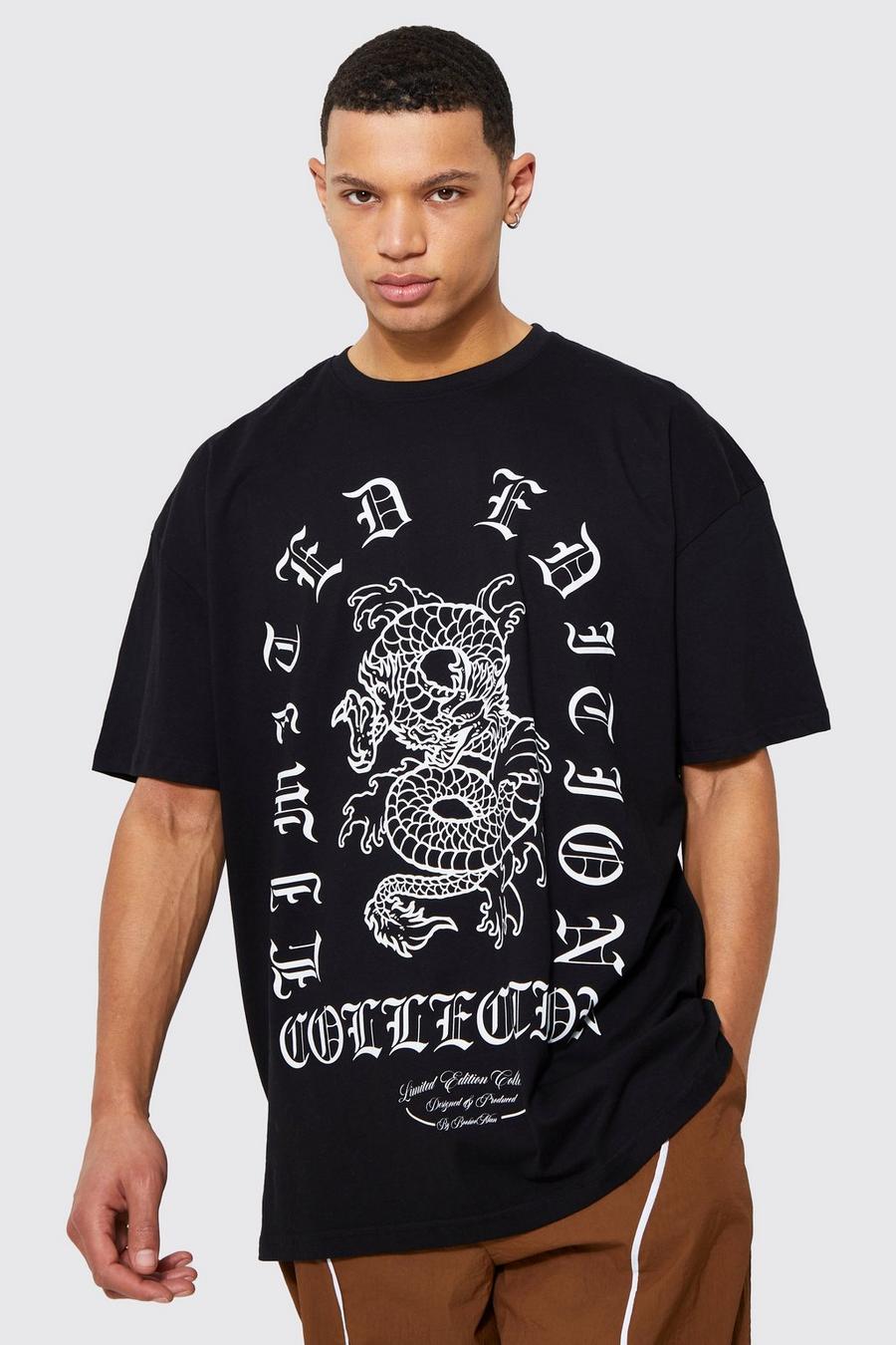 Black Tall Dragon Print Oversized Extended Neck T-shirt image number 1