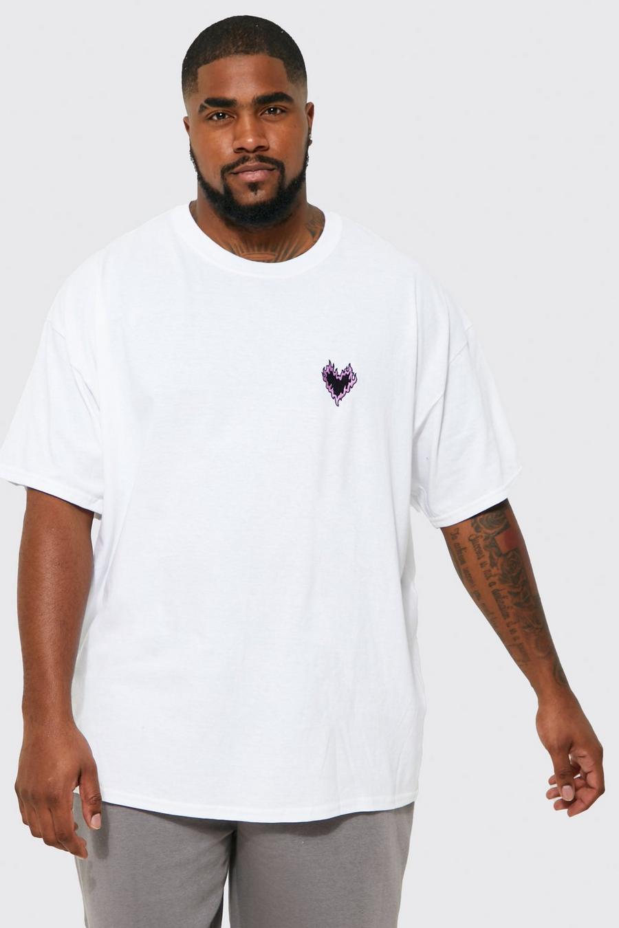 T-shirt Plus Size con ricamo di cuore in fiamme, White bianco
