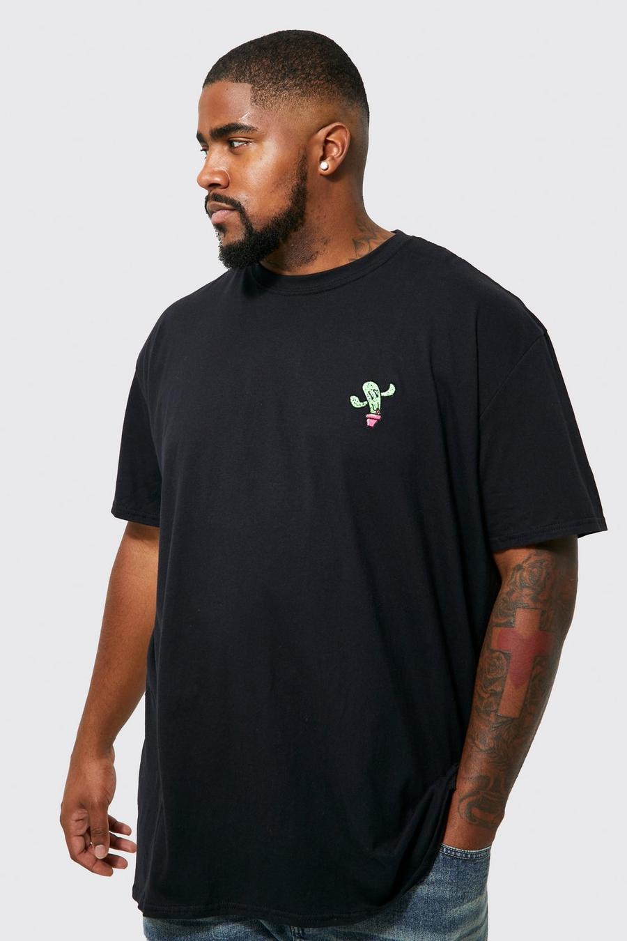 Plus T-Shirt mit Kaktus-Stickerei, Black image number 1