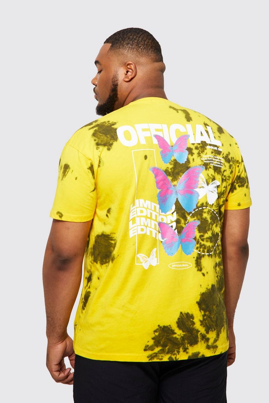 Camiseta Plus Official con desteñido anudado y estampado de mariposa en la espalda, Yellow giallo