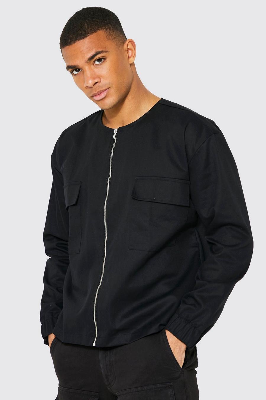 Black Collarless Twill Jacket