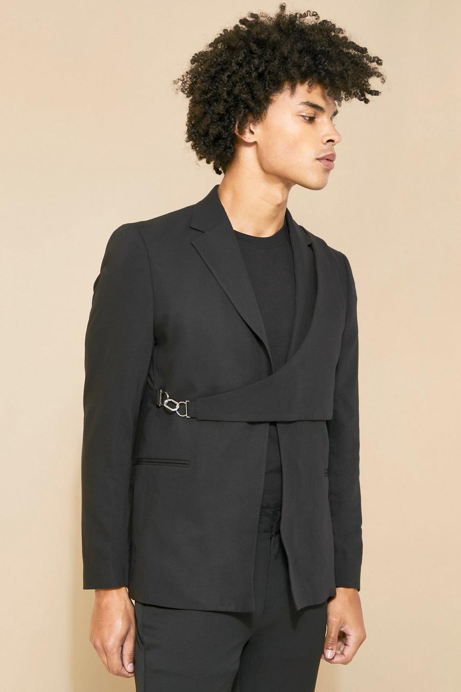 Black Relaxed Fit Crossover Detail Suit Jacket image number 1