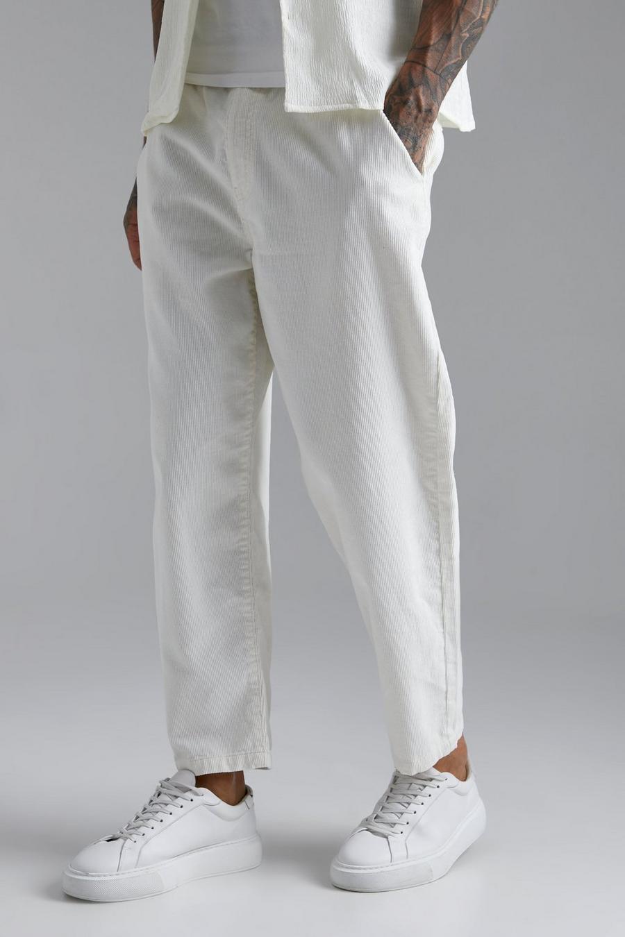 Ecru white Manchesterbyxor med ledig passform och elastiskt midjeband