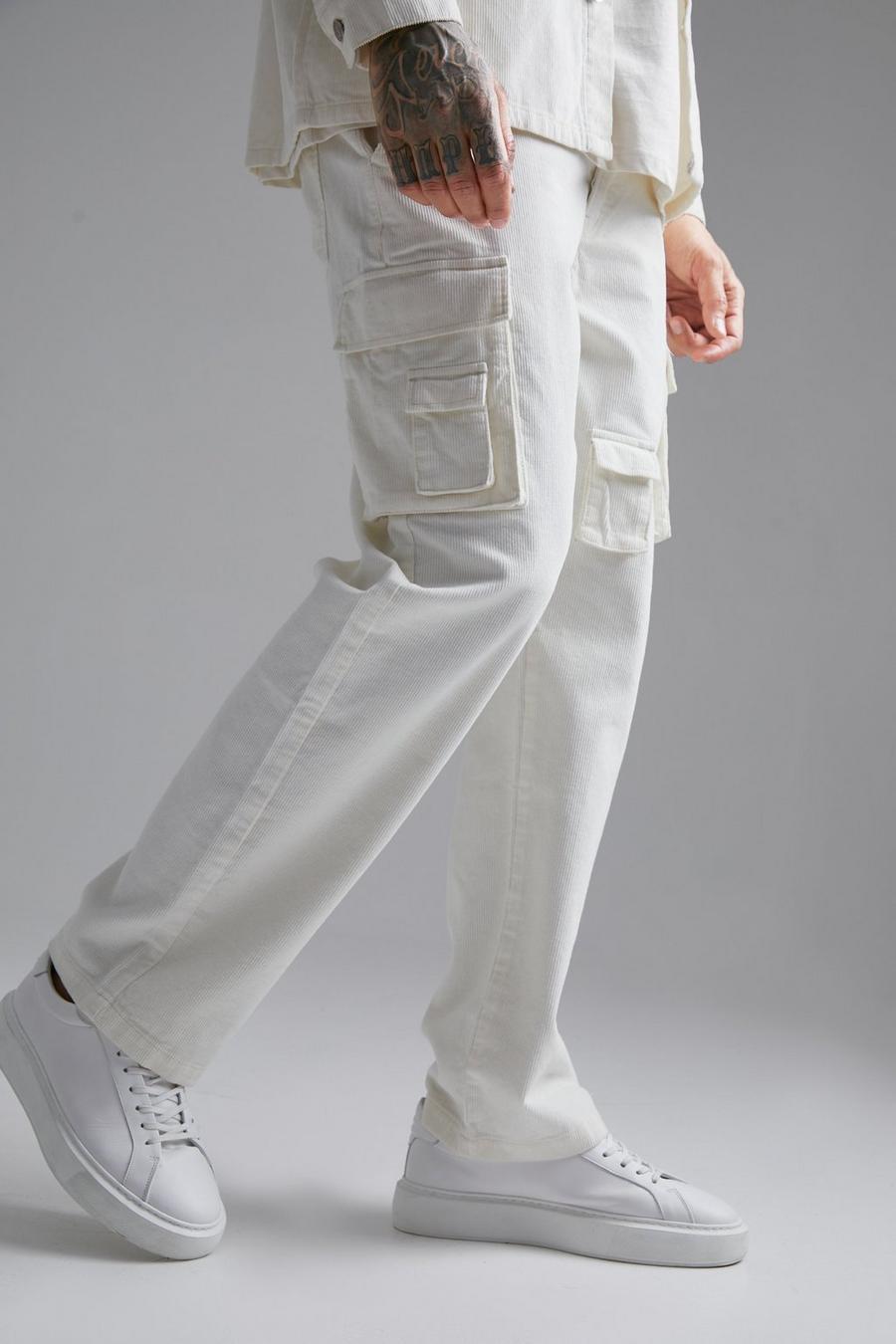 Ecru Relaxed Fit Multi Pocket Cord Cargo Trouser image number 1