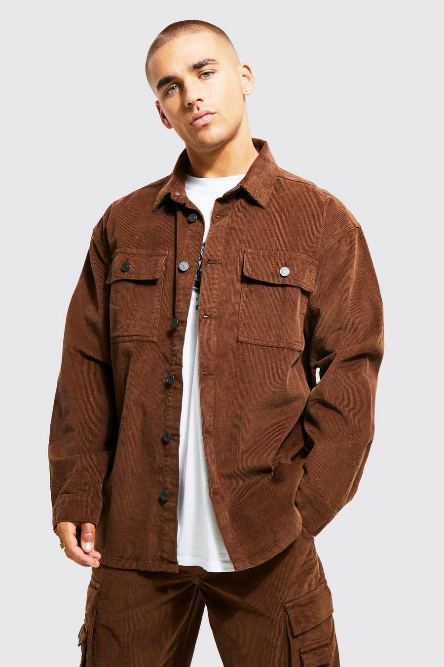 Chocolate brun Oversized Utility Pocket Cord Shirt image number 1