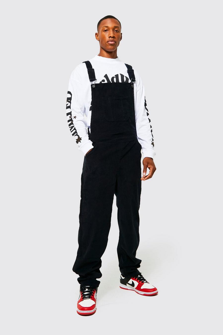 Black Relaxed Fit Cord Long Dungaree image number 1