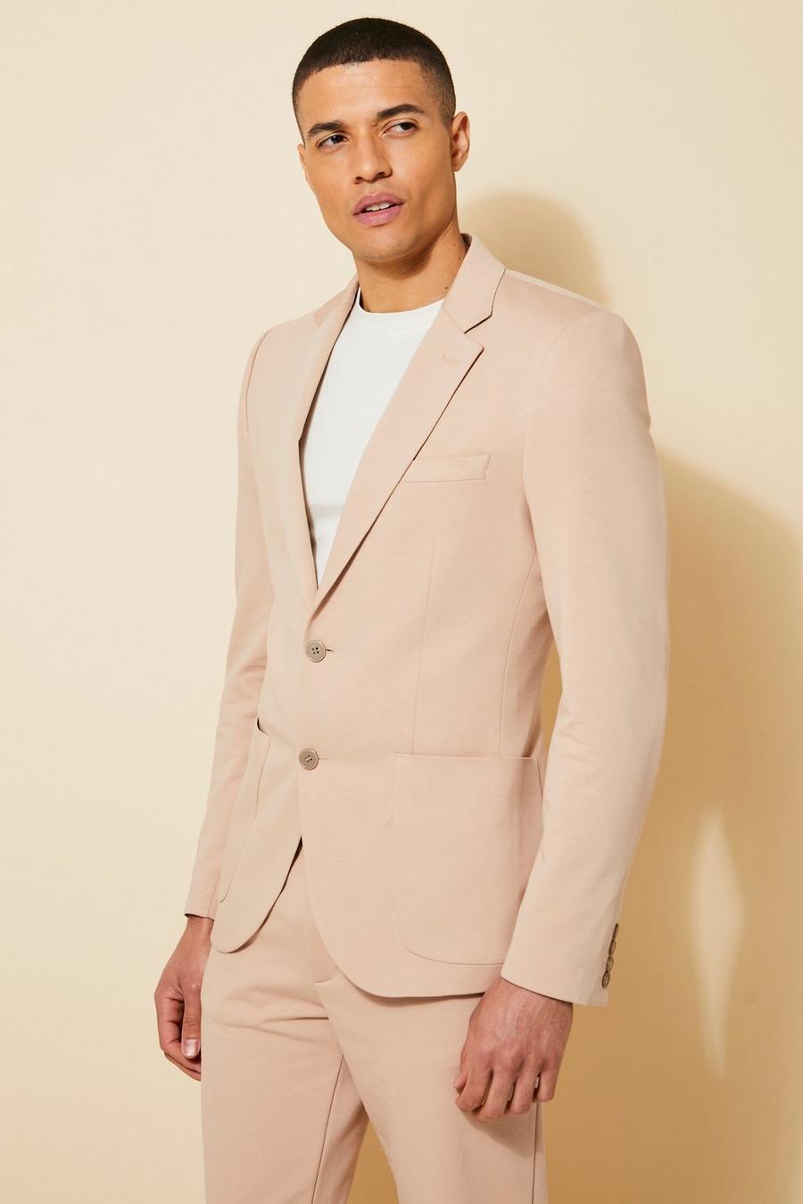 Beige Single Breasted Jersey Slim Suit Jacket image number 1