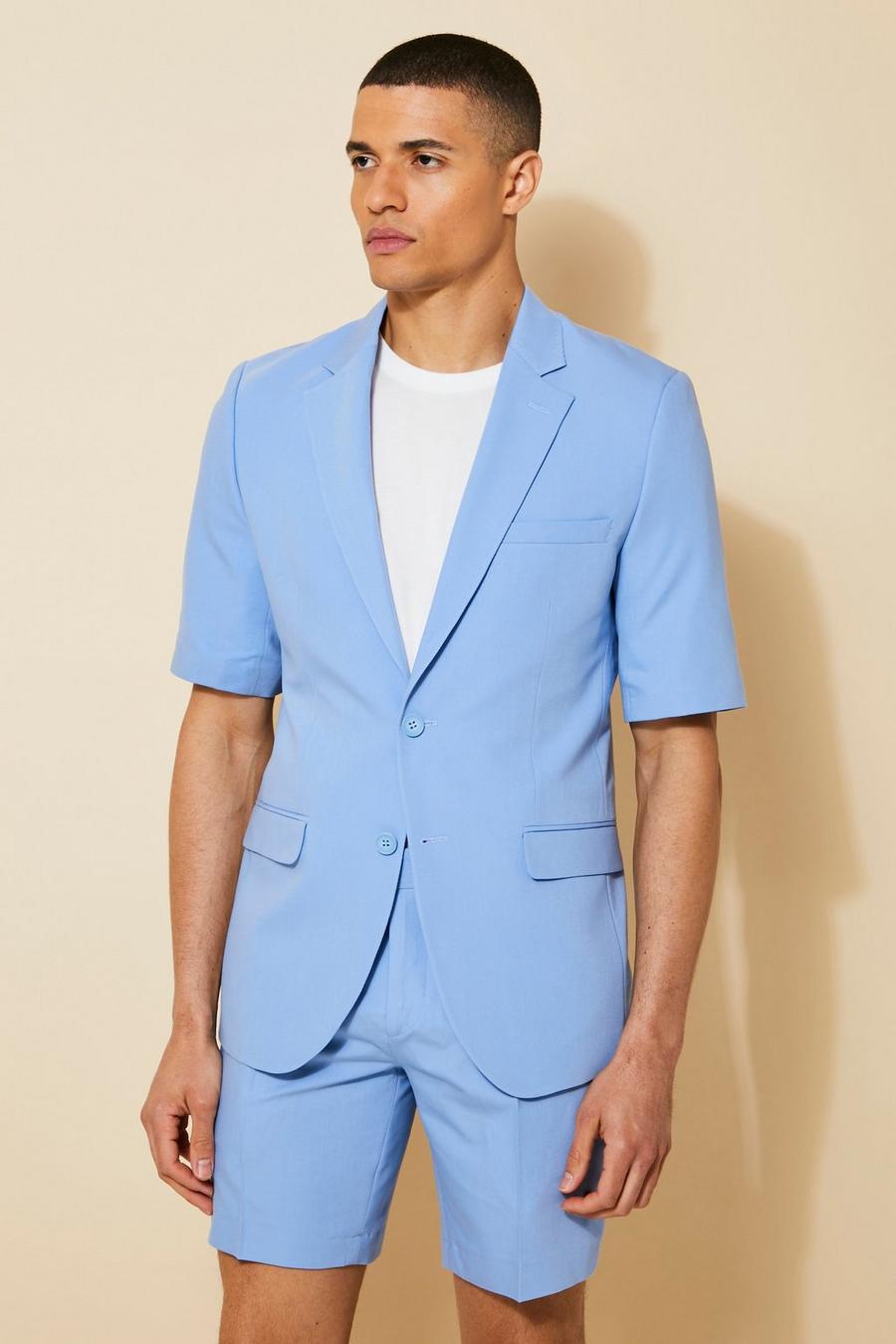 Light blue bleu Short Sleeve Slim Suit Jacket