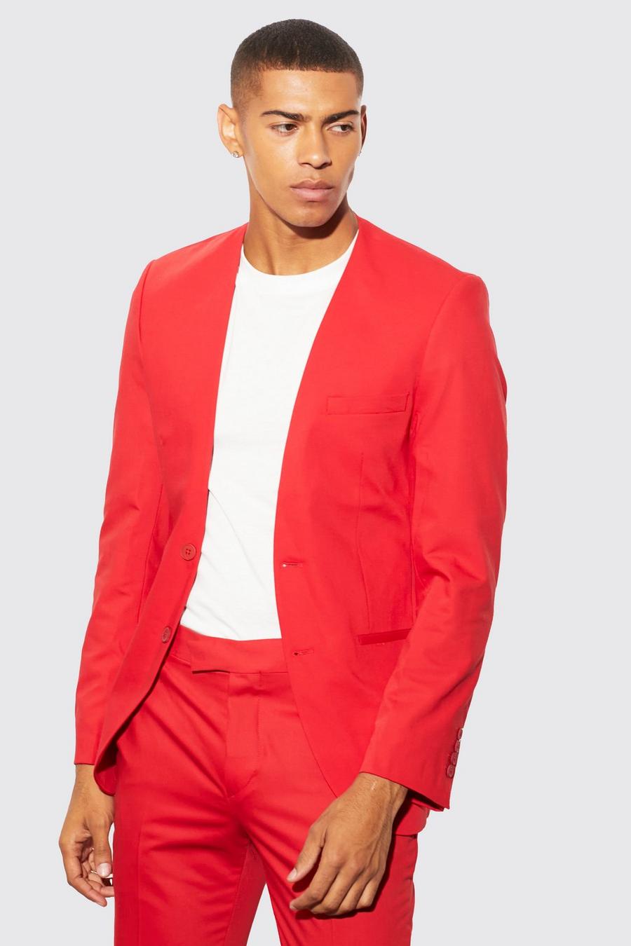 Red Collarless Suit Jacket 
