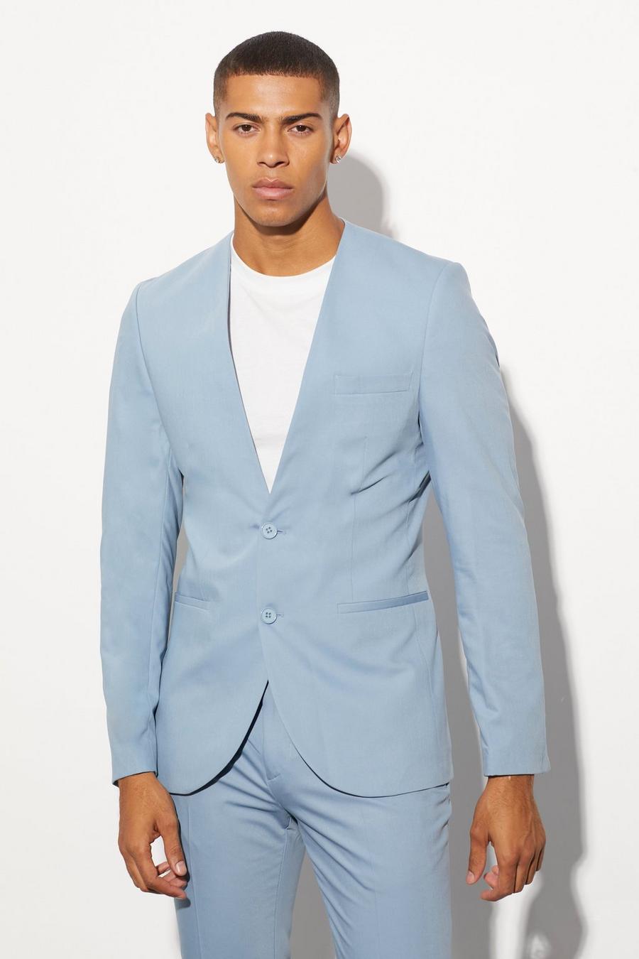 Light blue Collarless Suit Jacket 