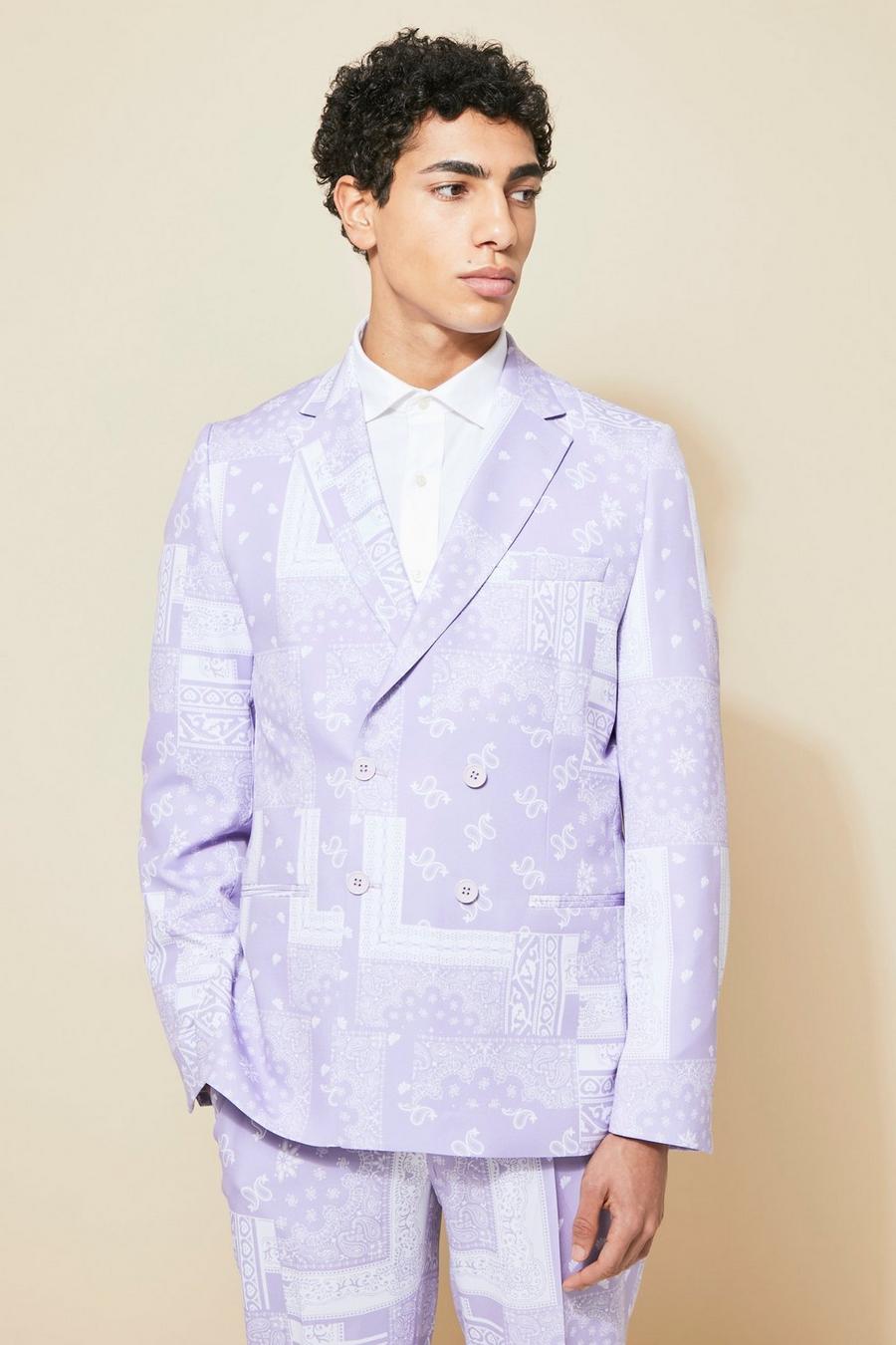 Chaqueta de traje ajustada con botonadura doble y estampado bandana, Lilac image number 1