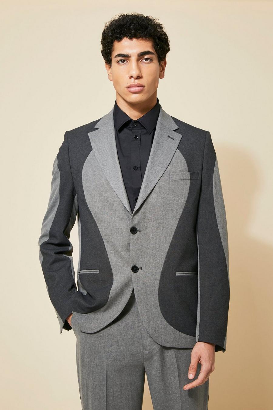 Grey Single Breasted Relaxed Spliced Suit Jacket image number 1