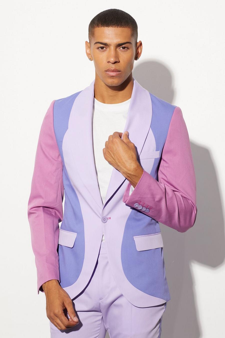 Purple Single Breasted Skinny Spliced Suit Jacket image number 1