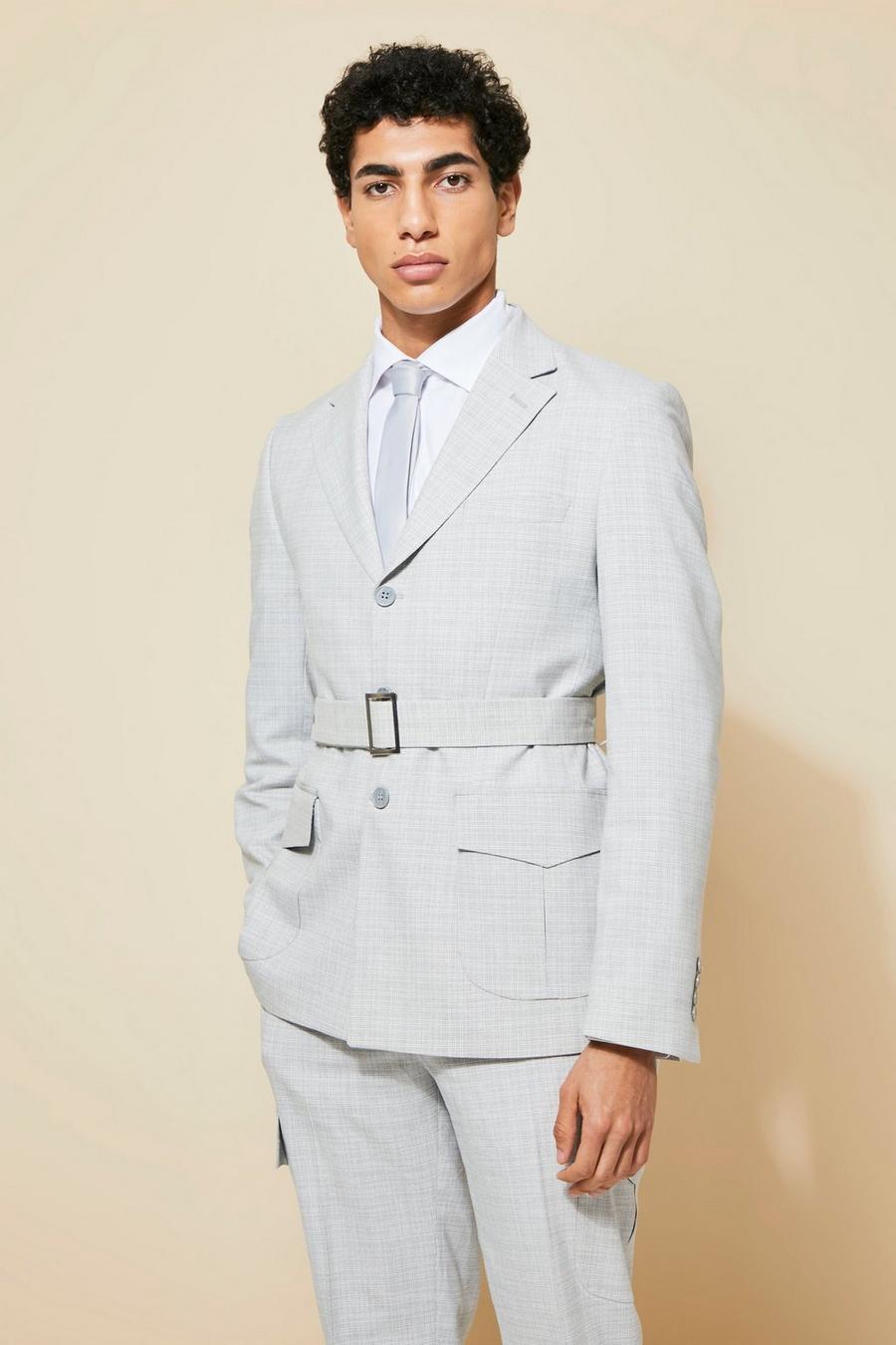 Grey Single Breasted Check Belted Suit Jacket image number 1