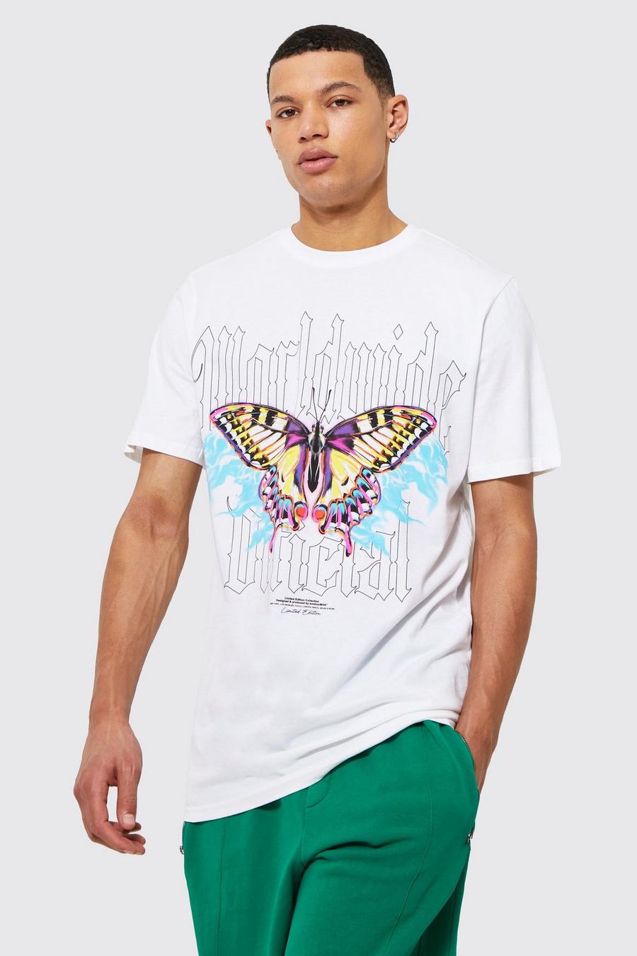 Camiseta Tall de corte largo con estampado de mariposa, White bianco