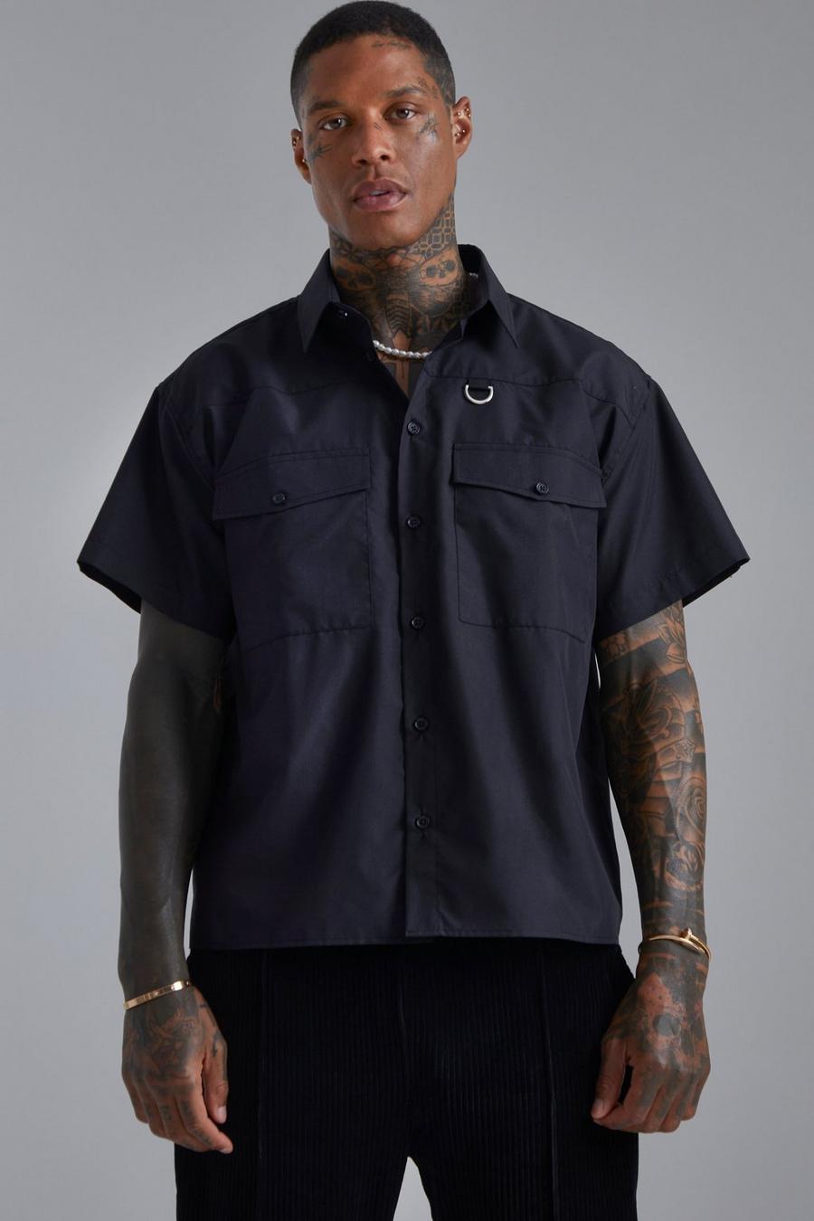 Black Boxy Fit Short Sleeve Cotton Poplin Shirt image number 1