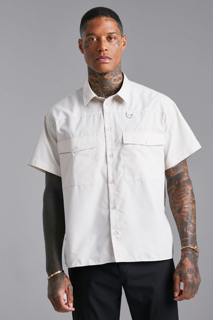 Taupe beige Boxy Fit Short Sleeve Cotton Poplin Shirt