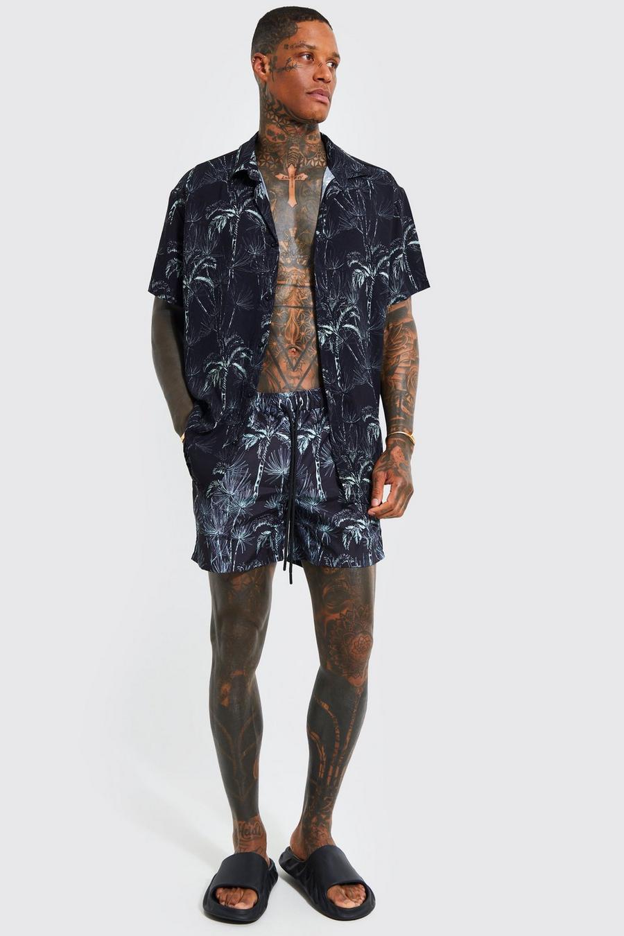Black Viscose Palm Shirt And Swim Set