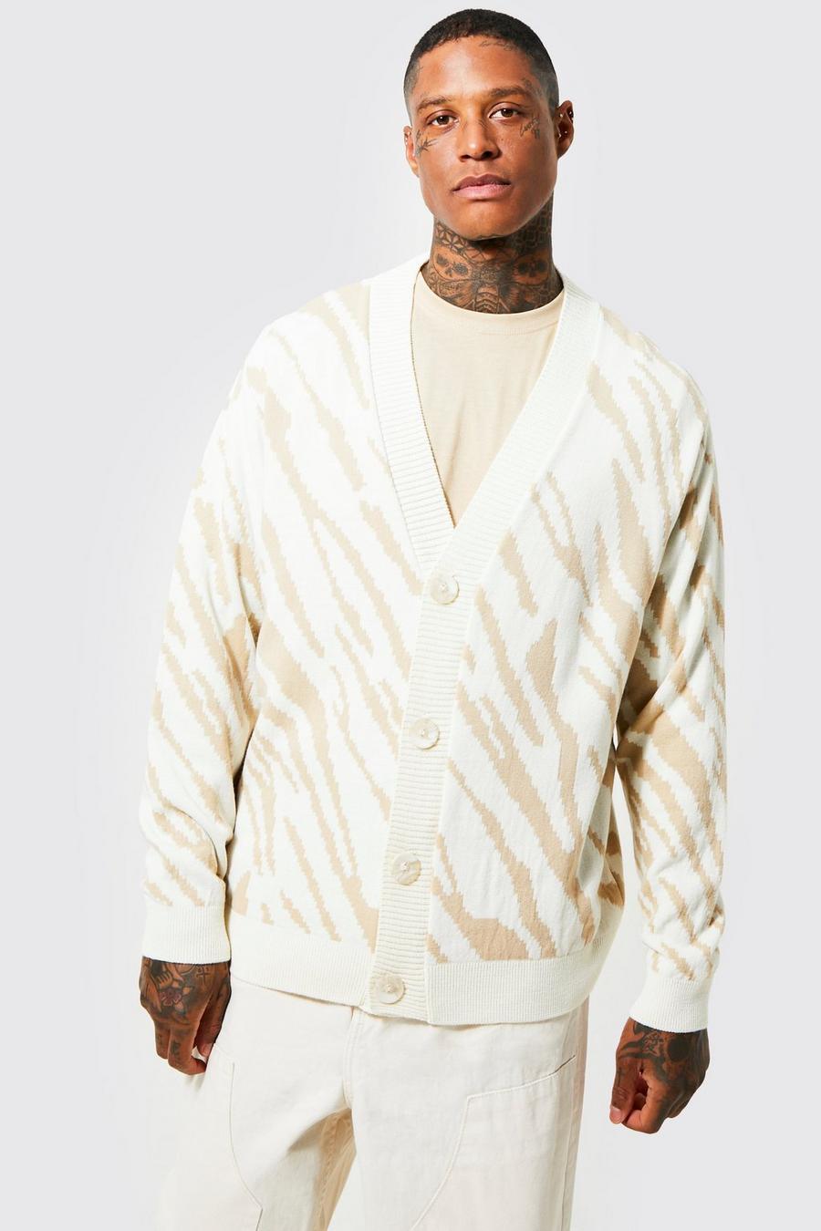 Cardigan in maglia animalier in taglio rilassato, Cream white