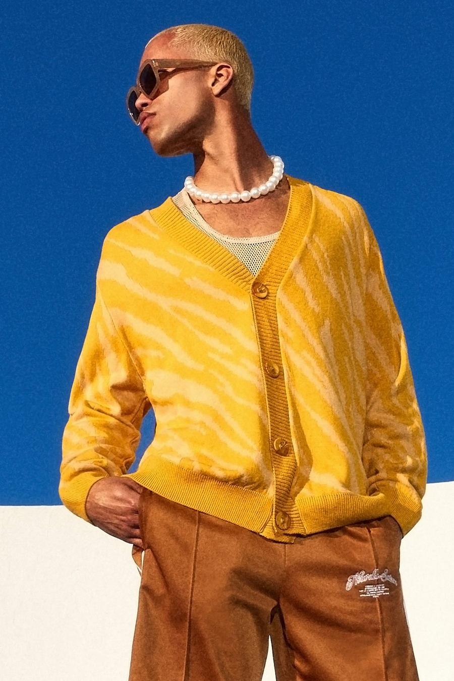 Mustard yellow Djurmönstrad stickad cardigan med ledig passform