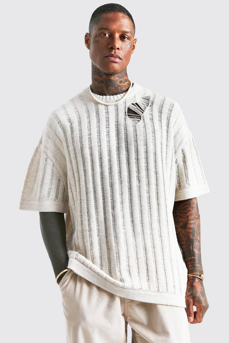 Cream Oversized Open Stitch Knitted T-shirt image number 1