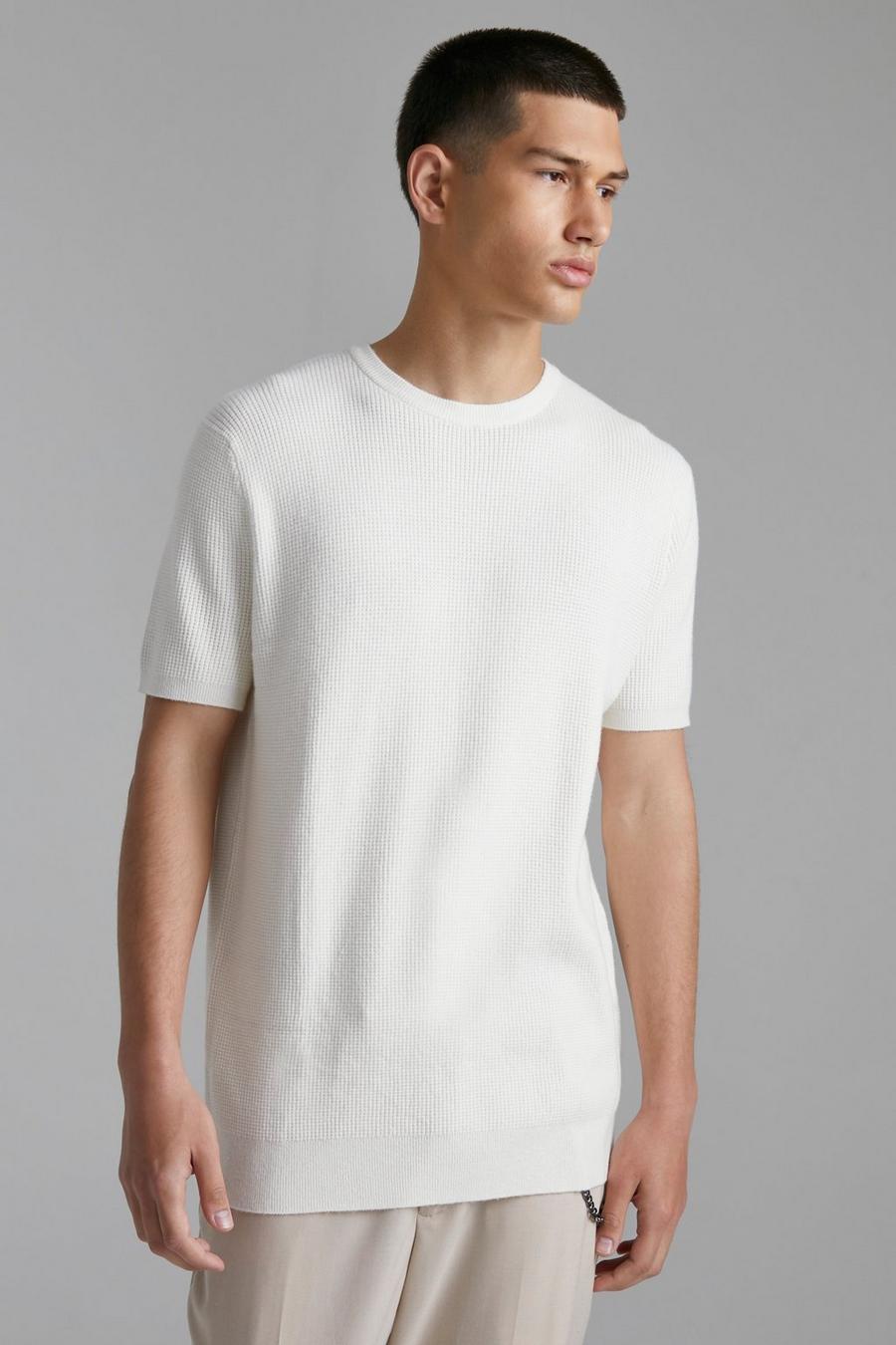 Cream Textured Crew Neck Knitted T-Shirt image number 1