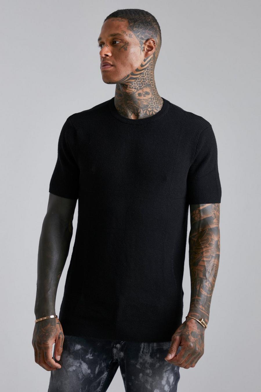 Black Textured Crew Neck Knitted T-Shirt image number 1