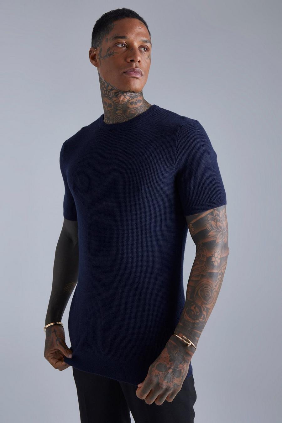 Navy Textured Crew Neck Knitted T-Shirt image number 1