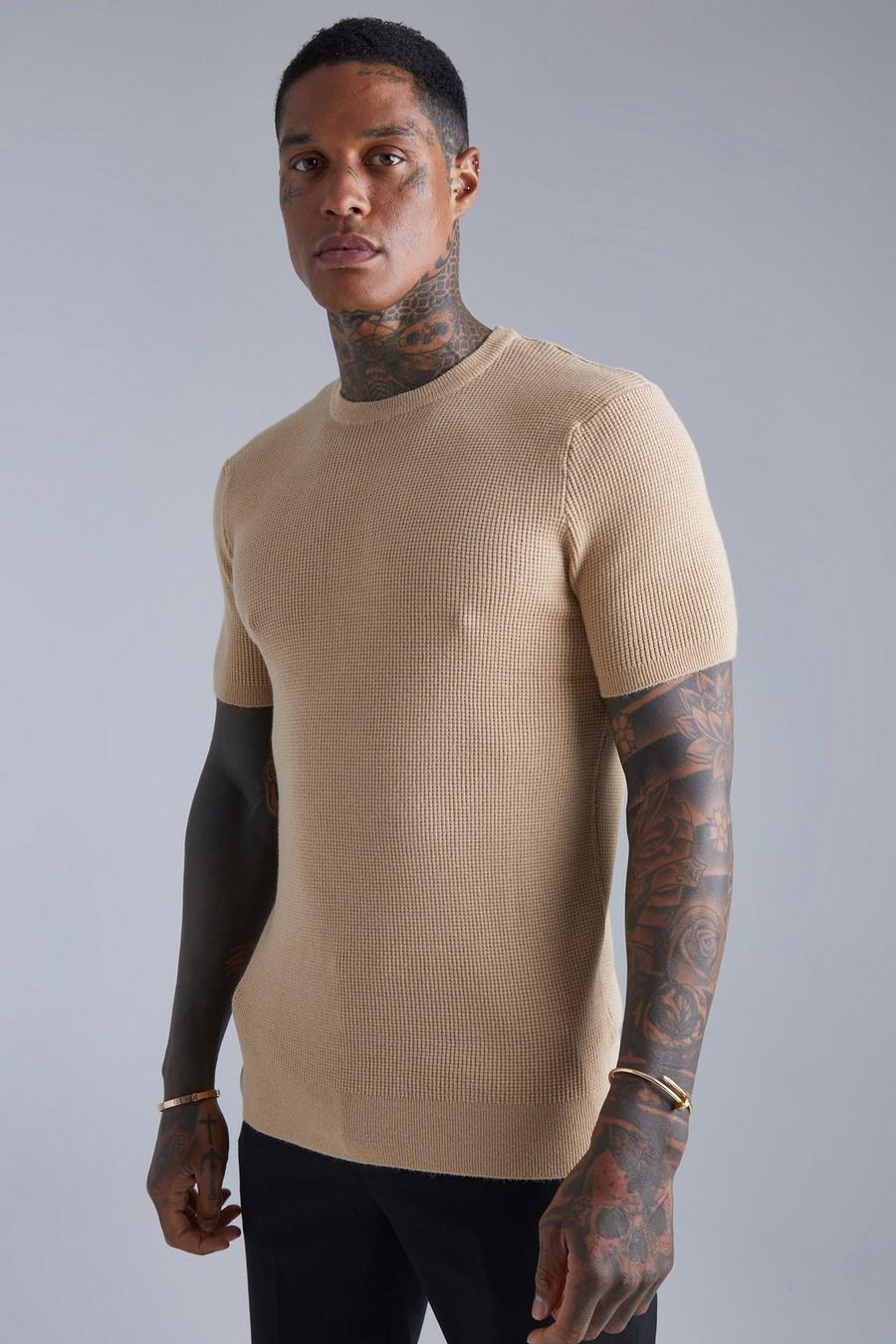 T-shirt à col ras du cou en maille texturée, Camel beige image number 1