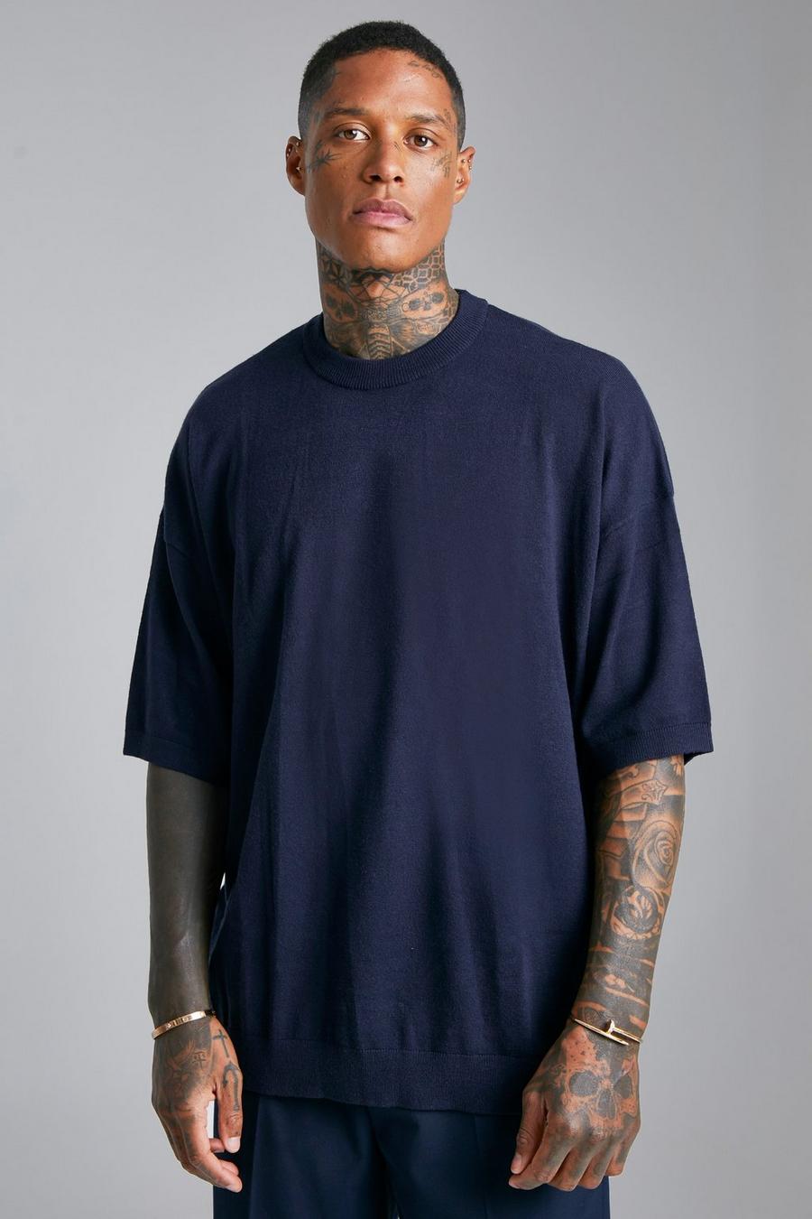 Navy Basic Extended Neck Oversized Knitted T-Shirt image number 1