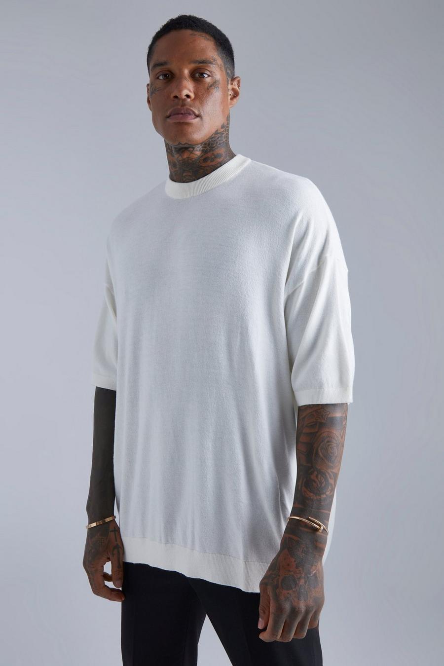 Cream bianco Basic Extended Neck Oversized Knitted T-Shirt image number 1